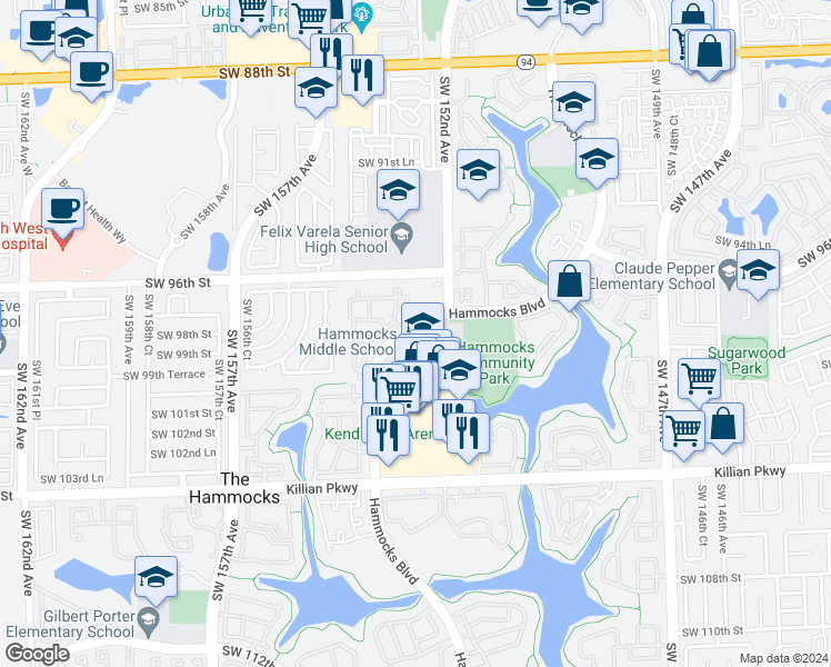 map of restaurants, bars, coffee shops, grocery stores, and more near 9865 Hammocks Boulevard in Miami