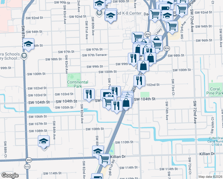 map of restaurants, bars, coffee shops, grocery stores, and more near 7843 Southwest 102nd Lane in Miami