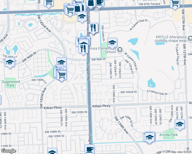 map of restaurants, bars, coffee shops, grocery stores, and more near 13560 Southwest 99th Street in Miami