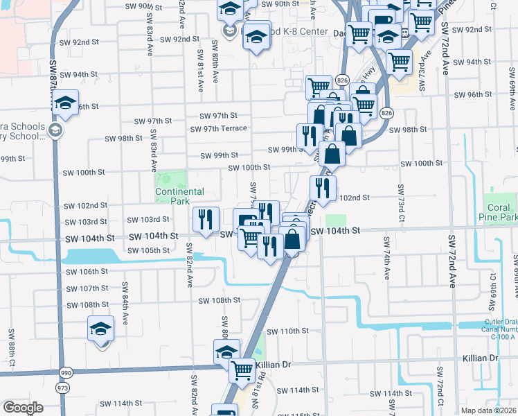 map of restaurants, bars, coffee shops, grocery stores, and more near 7843 Southwest 102nd Lane in Miami