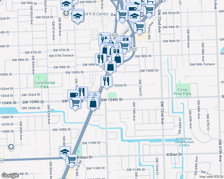 map of restaurants, bars, coffee shops, grocery stores, and more near 7504 Southwest 102nd Street in Pinecrest