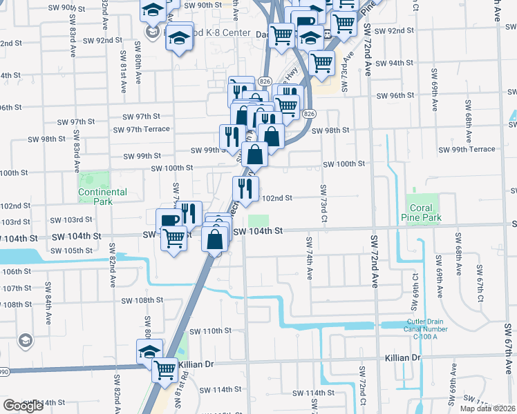 map of restaurants, bars, coffee shops, grocery stores, and more near 7542 Southwest 102nd Street in Pinecrest