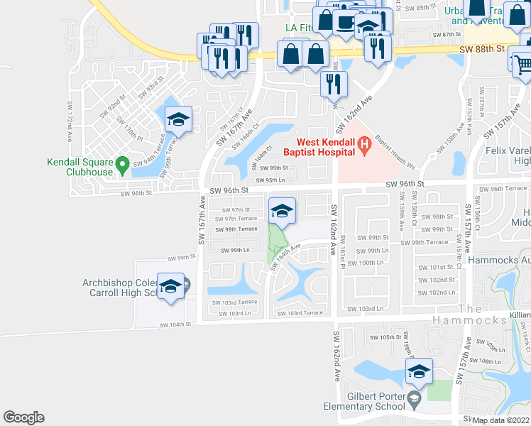 map of restaurants, bars, coffee shops, grocery stores, and more near 9721 Southwest 164th Court in Miami