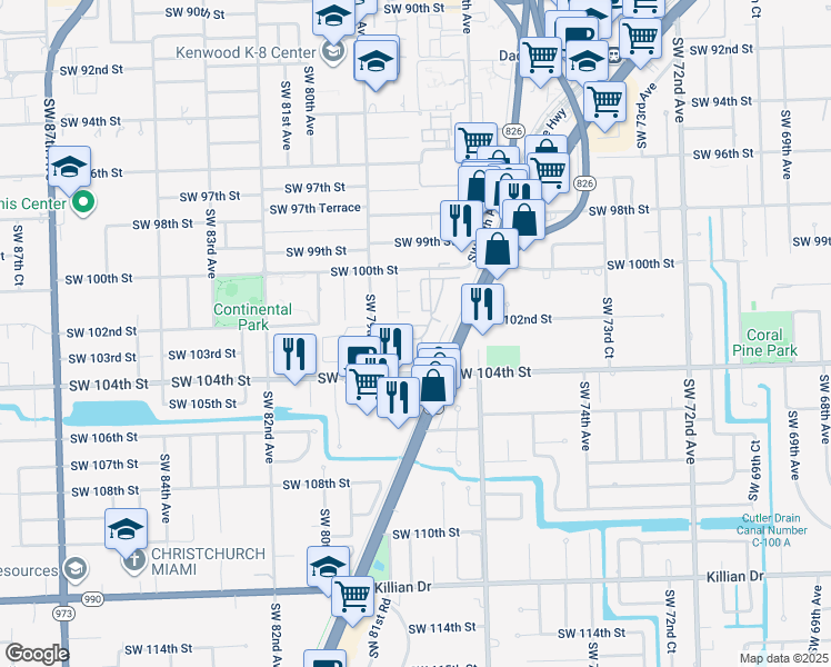 map of restaurants, bars, coffee shops, grocery stores, and more near 7843 Southwest 102nd Lane in Miami