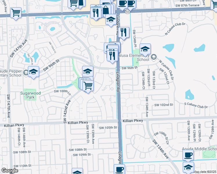 map of restaurants, bars, coffee shops, grocery stores, and more near 9741 Southwest 138th Avenue in Miami