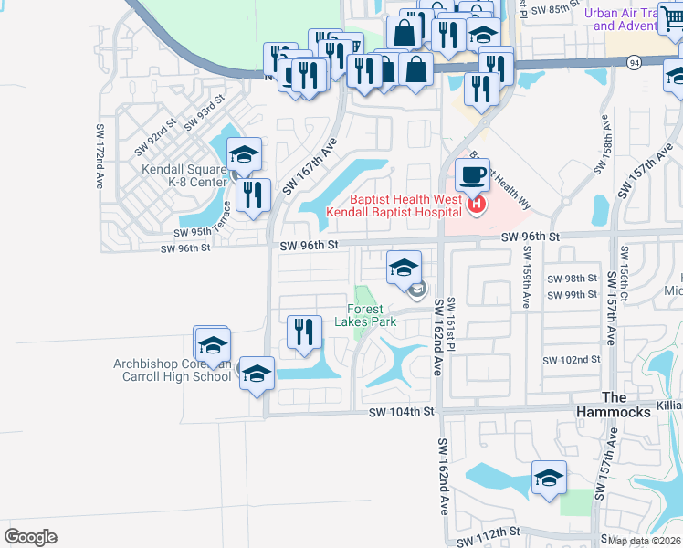 map of restaurants, bars, coffee shops, grocery stores, and more near 9710 Southwest 164th Avenue in Miami