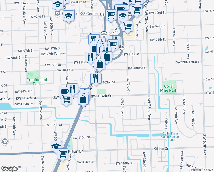 map of restaurants, bars, coffee shops, grocery stores, and more near 7502 Southwest 102nd Street in Miami