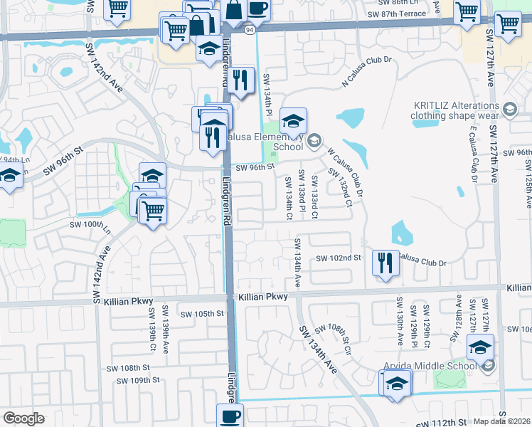 map of restaurants, bars, coffee shops, grocery stores, and more near 13490 Southwest 99th Street in Miami