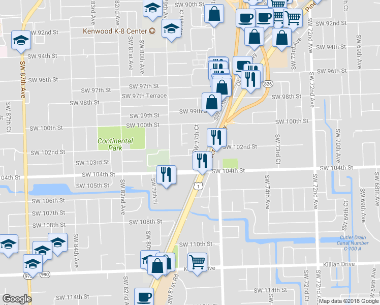 map of restaurants, bars, coffee shops, grocery stores, and more near 7843 Southwest 102nd Lane in Miami