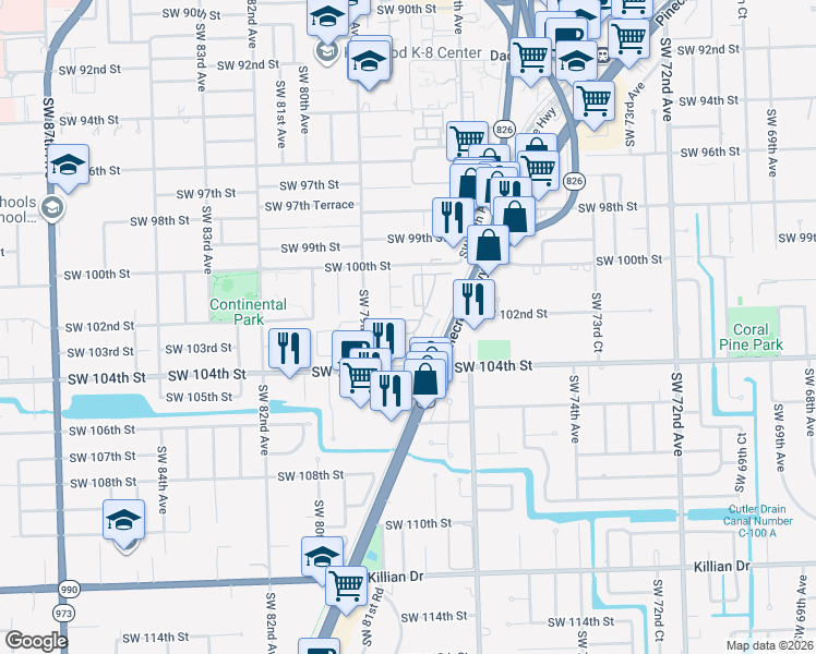 map of restaurants, bars, coffee shops, grocery stores, and more near 7843 Southwest 102nd Lane in Miami