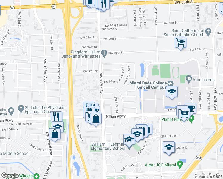 map of restaurants, bars, coffee shops, grocery stores, and more near 11530 Southwest 100th Street in Miami
