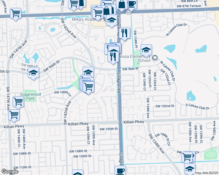 map of restaurants, bars, coffee shops, grocery stores, and more near 9605 Southwest 138th Avenue in Miami