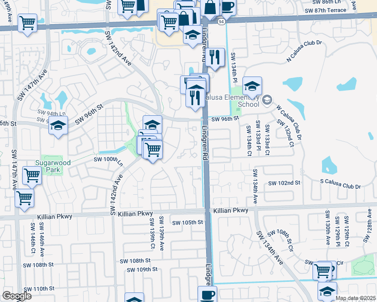 map of restaurants, bars, coffee shops, grocery stores, and more near 9741 Southwest 138th Avenue in Miami