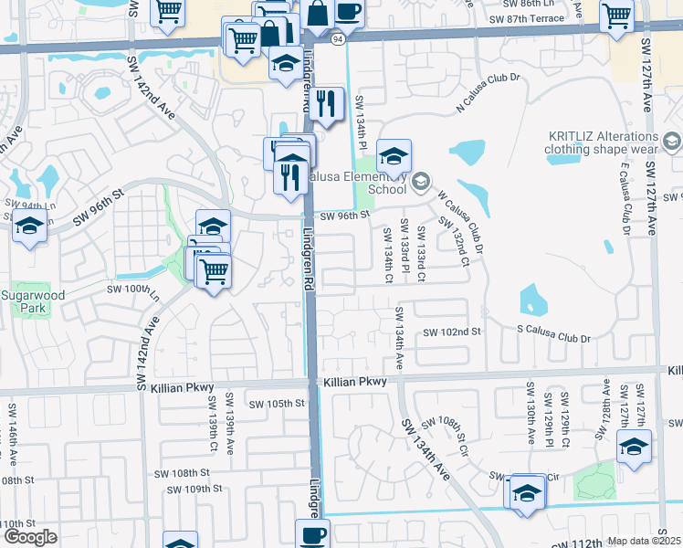 map of restaurants, bars, coffee shops, grocery stores, and more near 13560 Southwest 99th Street in Miami