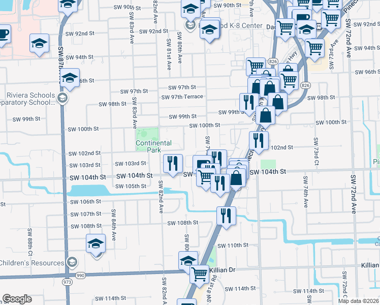 map of restaurants, bars, coffee shops, grocery stores, and more near 8004 Southwest 102nd Street in Miami