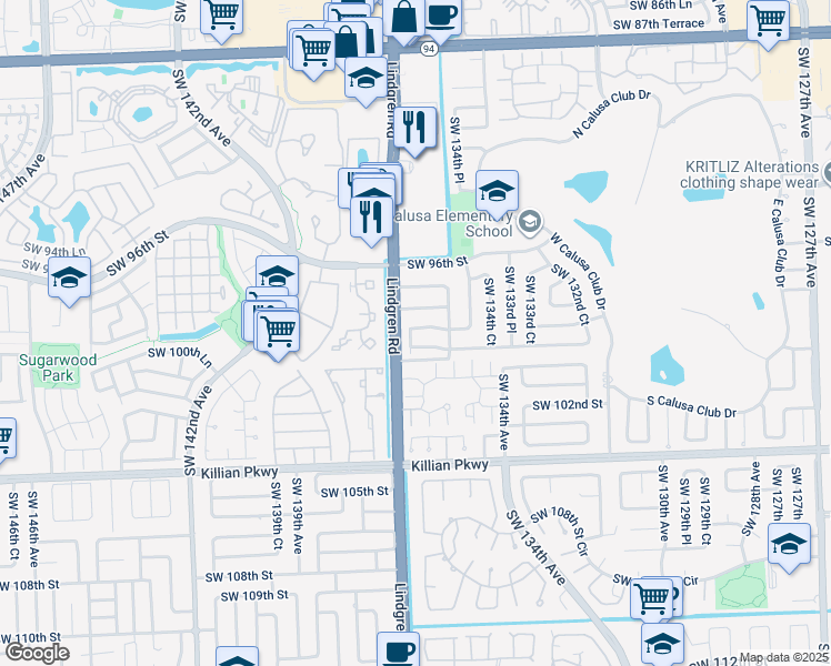 map of restaurants, bars, coffee shops, grocery stores, and more near 13560 Southwest 99th Street in Miami