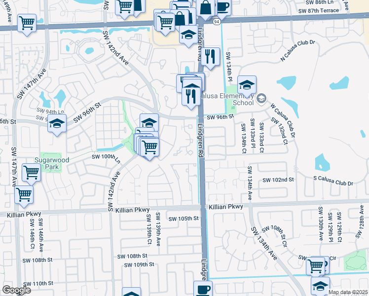 map of restaurants, bars, coffee shops, grocery stores, and more near 9741 Southwest 138th Avenue in Miami