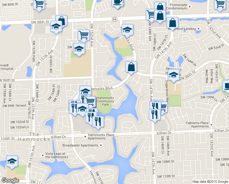 map of restaurants, bars, coffee shops, grocery stores, and more near 9703 Hammocks Boulevard in Miami