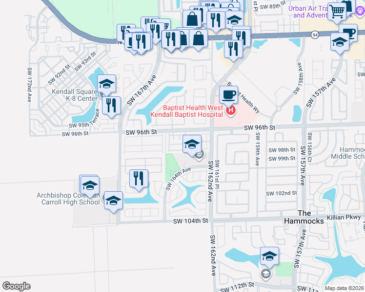 map of restaurants, bars, coffee shops, grocery stores, and more near 16314 Southwest 97th Street in Miami