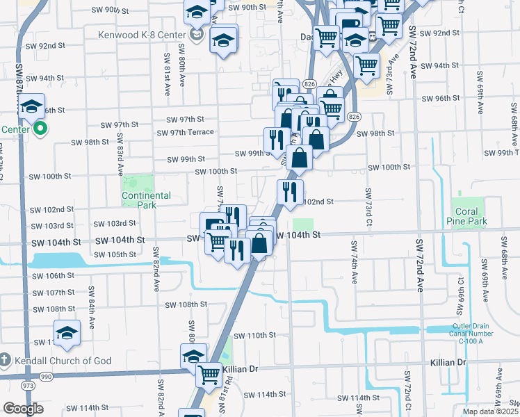 map of restaurants, bars, coffee shops, grocery stores, and more near 10231 Southwest 77th Court in Miami