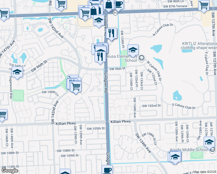 map of restaurants, bars, coffee shops, grocery stores, and more near 9900 Southwest 136th Court in Miami