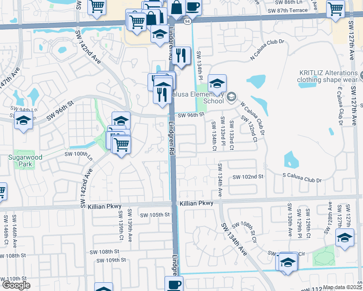 map of restaurants, bars, coffee shops, grocery stores, and more near 13560 Southwest 99th Street in Miami