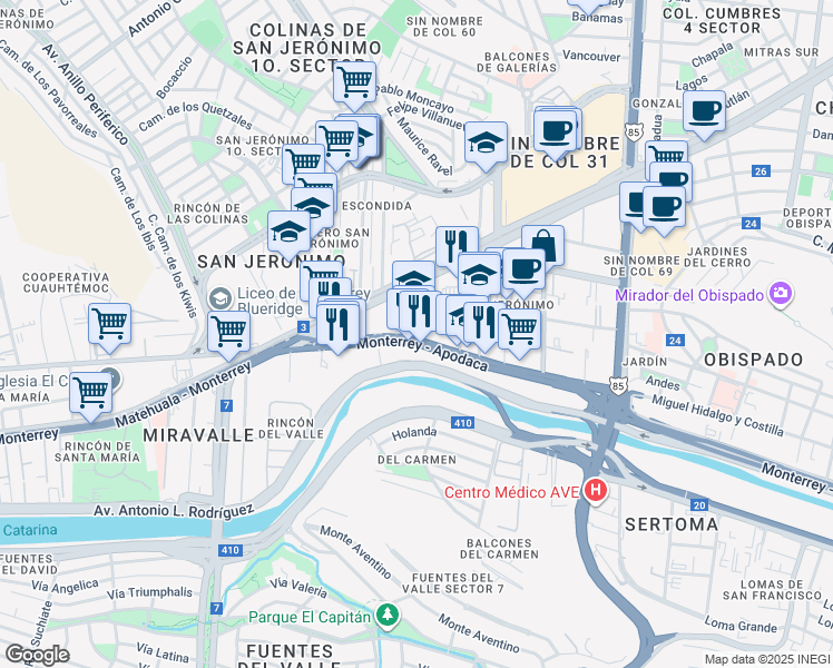map of restaurants, bars, coffee shops, grocery stores, and more near S/N 5 de Mayo in Monterrey