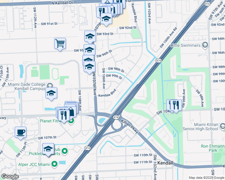 map of restaurants, bars, coffee shops, grocery stores, and more near 10000 Kendale Boulevard in Miami