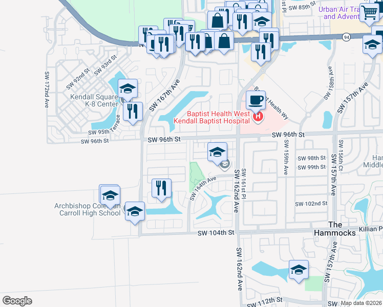 map of restaurants, bars, coffee shops, grocery stores, and more near 9710 Southwest 164th Avenue in Miami