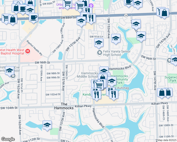 map of restaurants, bars, coffee shops, grocery stores, and more near 9908 Hammocks Boulevard in Miami