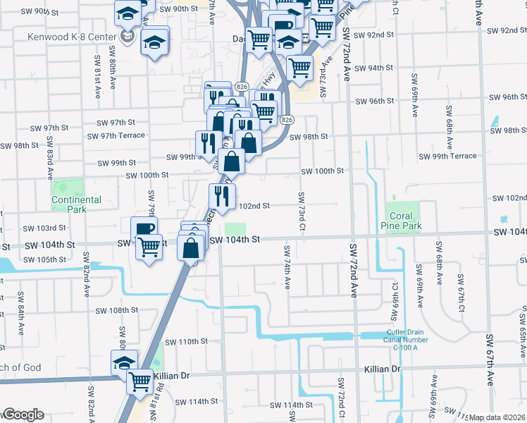map of restaurants, bars, coffee shops, grocery stores, and more near 7450 Southwest 102nd Street in Miami