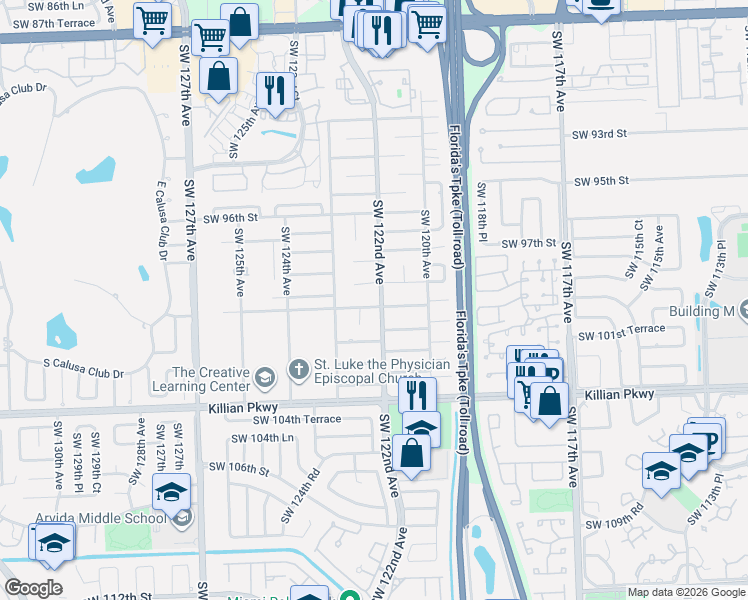 map of restaurants, bars, coffee shops, grocery stores, and more near 12201 Southwest 100th Street in Miami