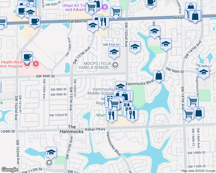 map of restaurants, bars, coffee shops, grocery stores, and more near 9864 Hammocks Boulevard in Miami