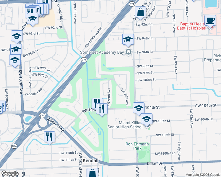 map of restaurants, bars, coffee shops, grocery stores, and more near 10141 Southwest 99th Avenue in Miami