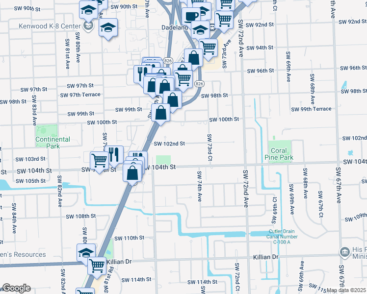 map of restaurants, bars, coffee shops, grocery stores, and more near 7450 Southwest 102nd Street in Miami