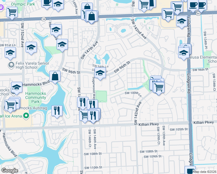 map of restaurants, bars, coffee shops, grocery stores, and more near 9752 Southwest 145th Place in Miami