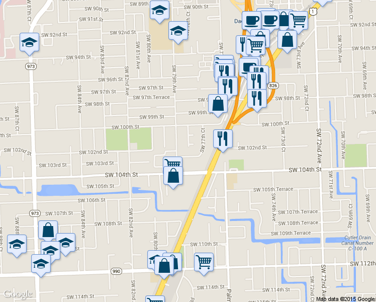 map of restaurants, bars, coffee shops, grocery stores, and more near 7843 Southwest 102nd Lane in Miami