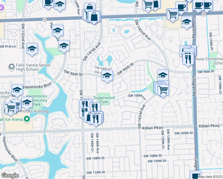 map of restaurants, bars, coffee shops, grocery stores, and more near 9752 Southwest 145th Place in Miami