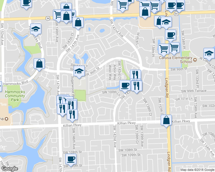 map of restaurants, bars, coffee shops, grocery stores, and more near 14396 Southwest 98th Terrace in Miami