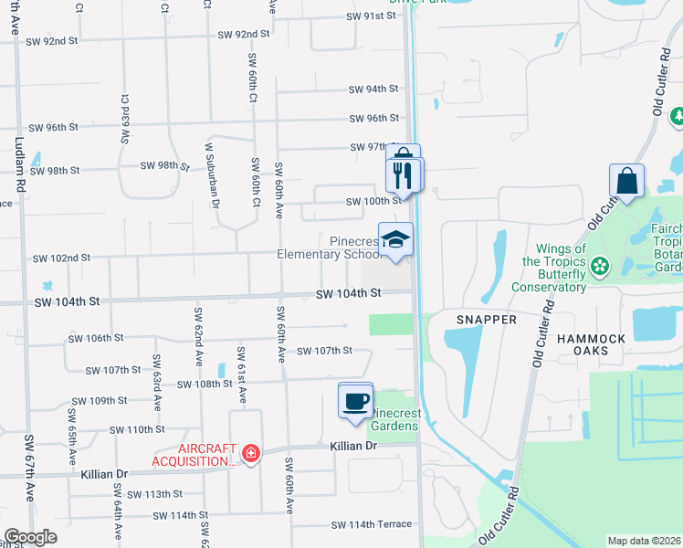 map of restaurants, bars, coffee shops, grocery stores, and more near 10330 Southwest 58th Court in Pinecrest
