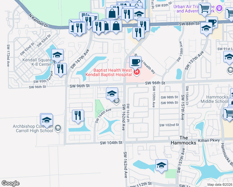map of restaurants, bars, coffee shops, grocery stores, and more near 16256 Southwest 97th Street in Miami