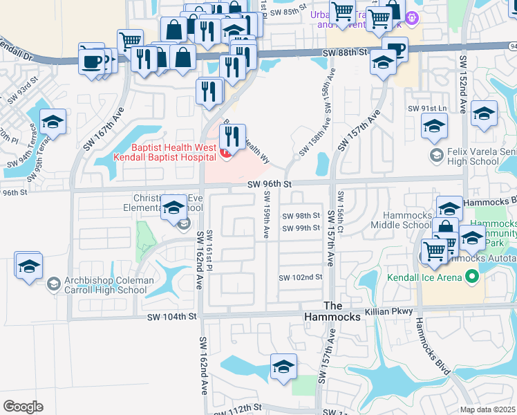 map of restaurants, bars, coffee shops, grocery stores, and more near 9719 SW 159th Ct in Miami