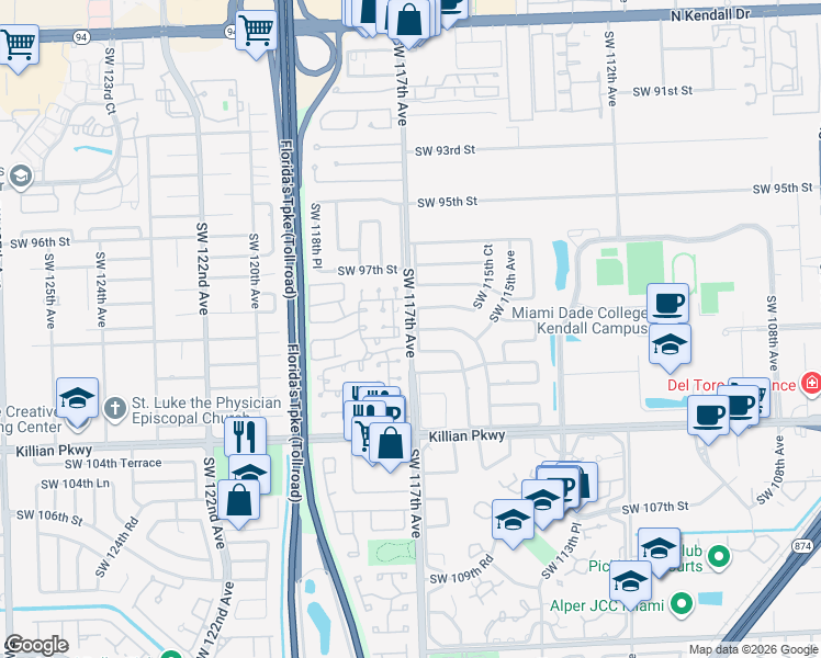 map of restaurants, bars, coffee shops, grocery stores, and more near 9853 Southwest 117th Avenue in Miami