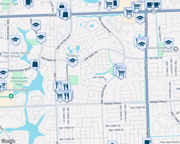 map of restaurants, bars, coffee shops, grocery stores, and more near 14535 Southwest 98th Terrace in Miami