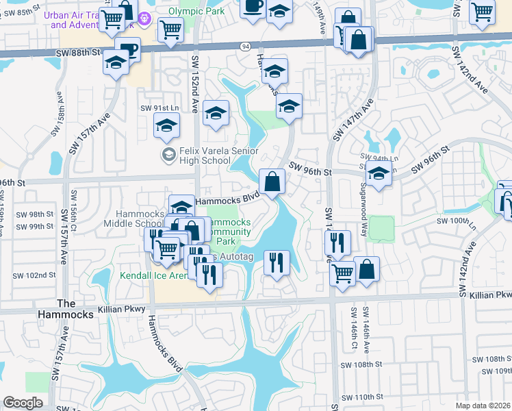 map of restaurants, bars, coffee shops, grocery stores, and more near 9703 Hammocks Boulevard in Miami