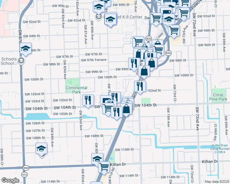 map of restaurants, bars, coffee shops, grocery stores, and more near 7843 Southwest 102nd Lane in Miami