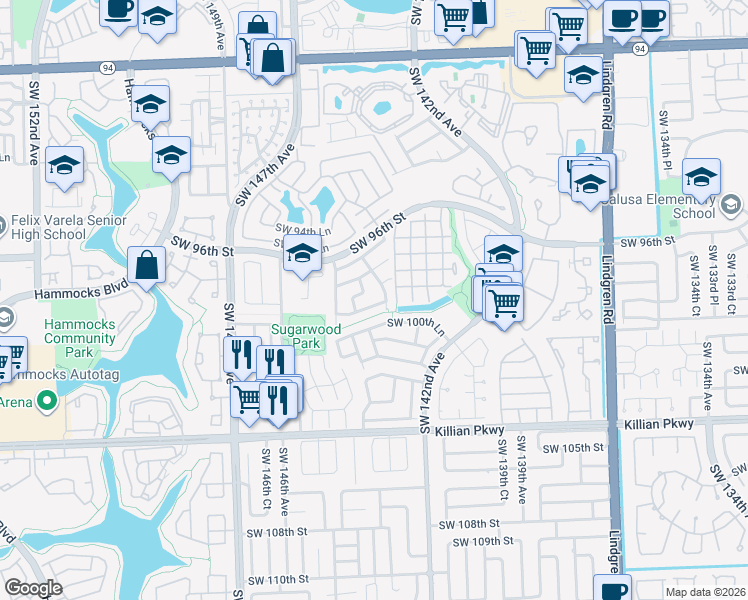 map of restaurants, bars, coffee shops, grocery stores, and more near 14535 Southwest 98th Terrace in Miami