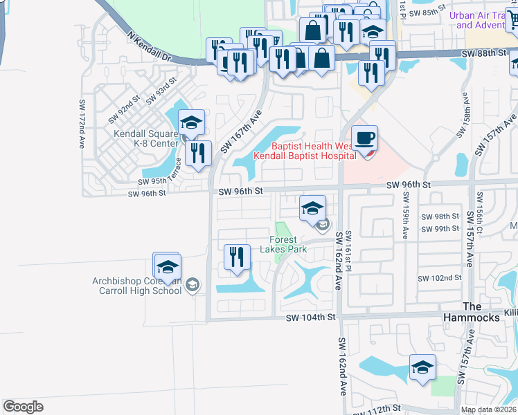 map of restaurants, bars, coffee shops, grocery stores, and more near 16511 Southwest 97th Street in Miami