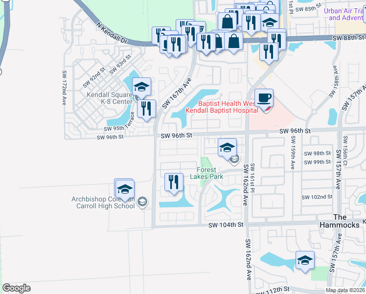 map of restaurants, bars, coffee shops, grocery stores, and more near 16511 SW 97th St in Miami