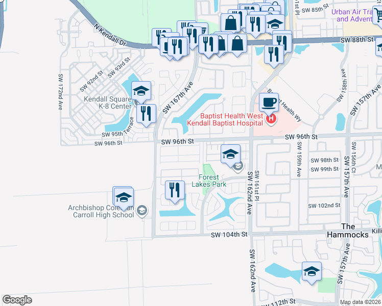 map of restaurants, bars, coffee shops, grocery stores, and more near 16511 Southwest 97th Street in Miami